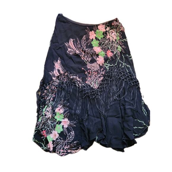 starina Dresses & Skirts - Vtg Starina Piano Fringe Beaded Floral A Line Midi Skirt Sz XL Fairy Whimsical